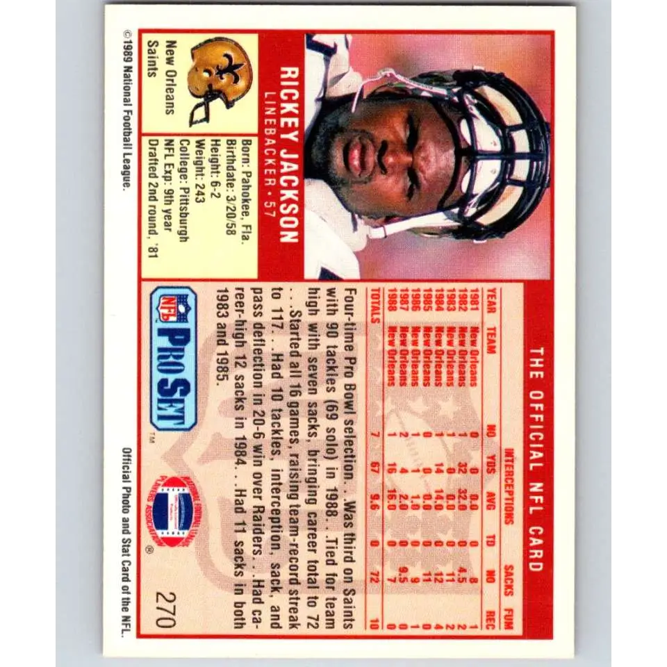 1989 Pro Set #270 Rickey Jackson NM-MT New Orleans Saints Football Card Image 2