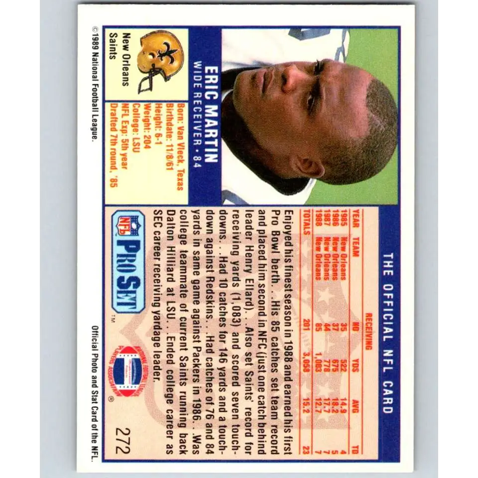 1989 Pro Set #272 Eric Martin NM-MT New Orleans Saints Football Card Image 2