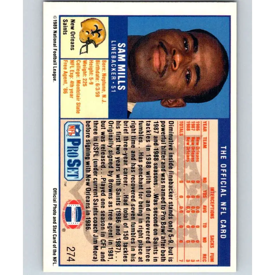 1989 Pro Set #274 Sam Mills NM-MT New Orleans Saints Football Card Image 2
