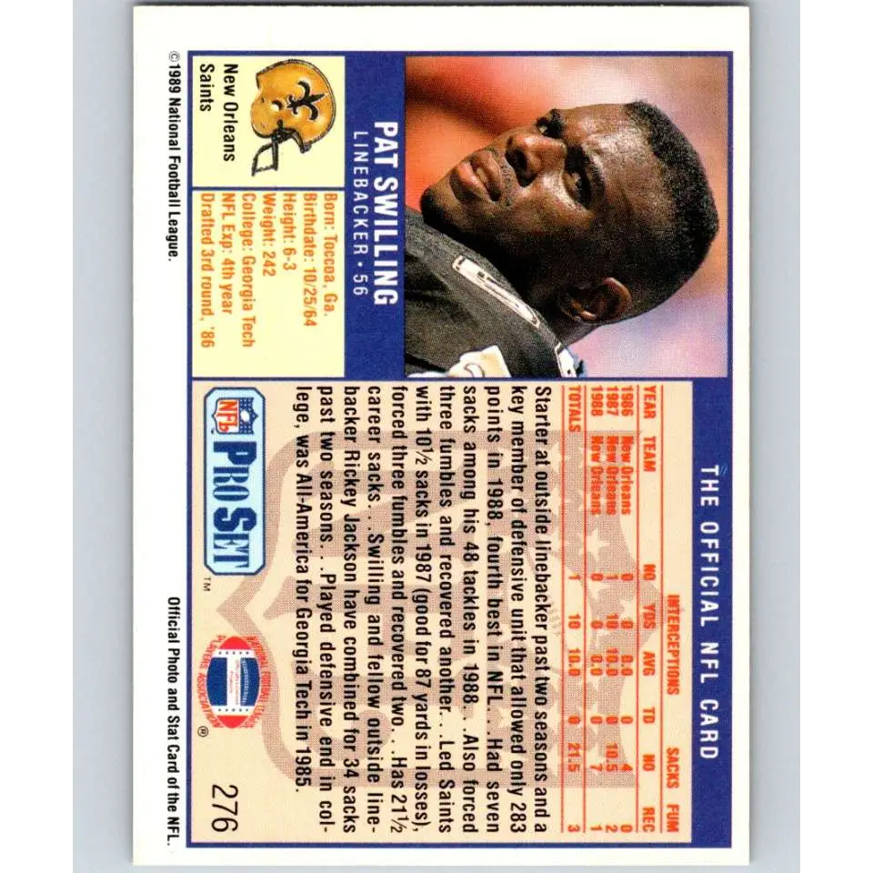 1989 Pro Set #276 Pat Swilling NM-MT New Orleans Saints Football Card Image 2