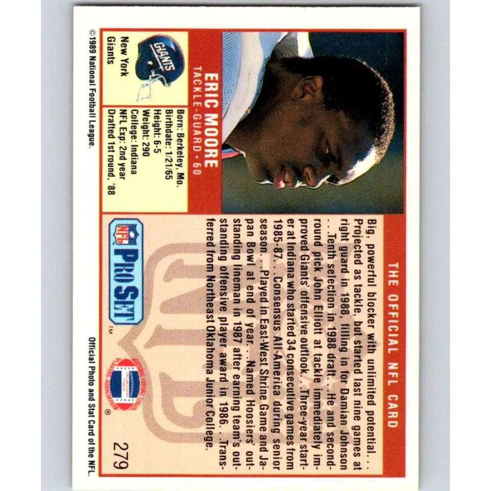 1989 Pro Set #279 Eric Moore NM-MT RC Rookie New York Giants Football Card Image 2