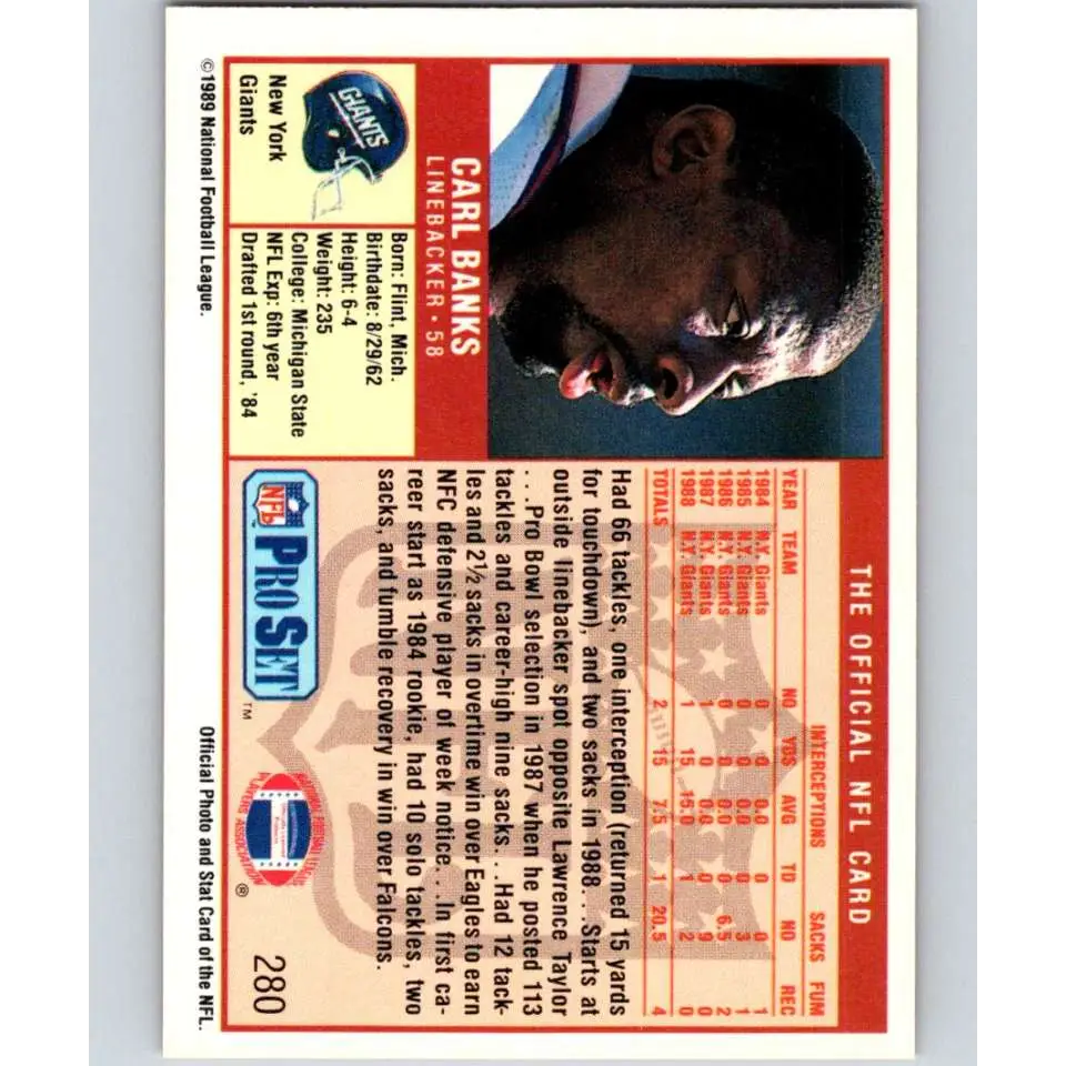 1989 Pro Set #280 Carl Banks NM-MT New York Giants Football Card Image 2