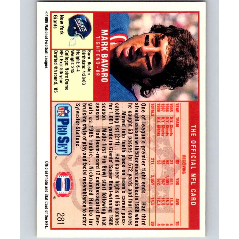 1989 Pro Set #281 Mark Bavaro NM-MT New York Giants Football Card Image 2