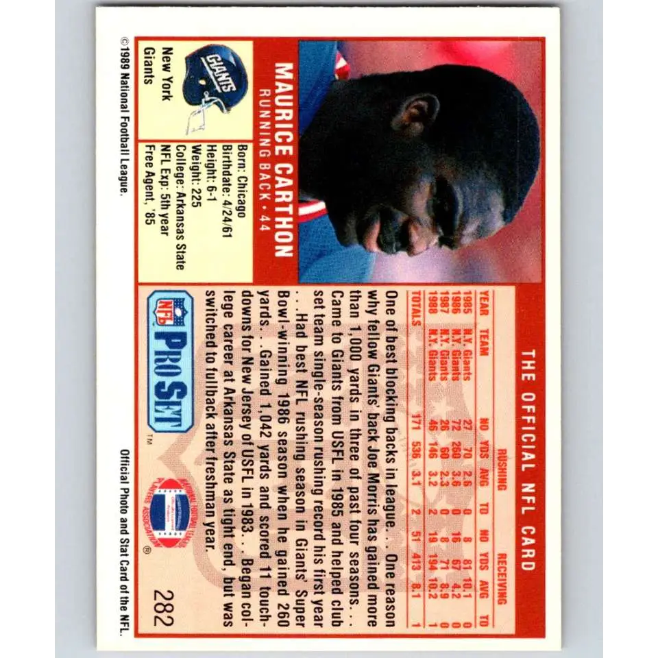 1989 Pro Set #282 Maurice Carthon NM-MT New York Giants Football Card Image 2