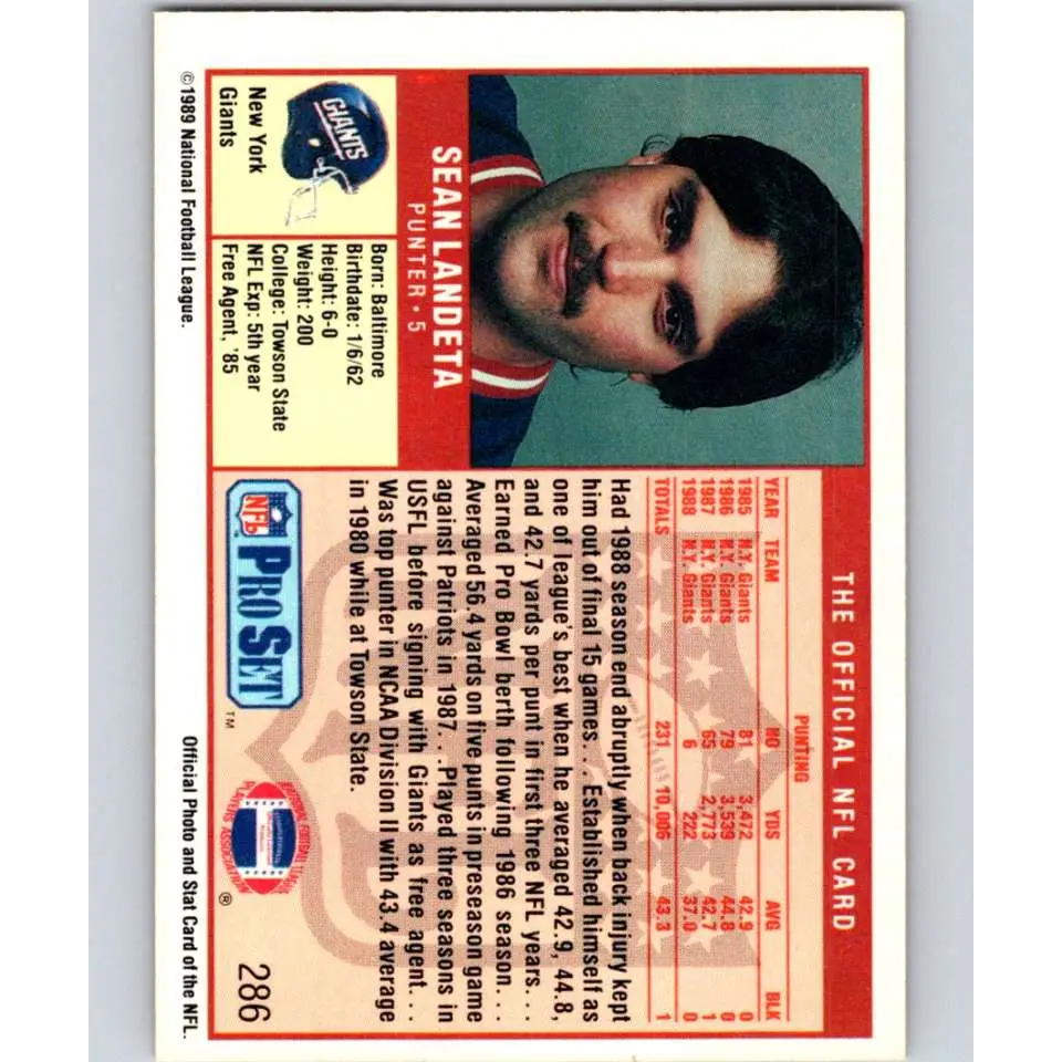 1989 Pro Set #286 Sean Landeta NM-MT New York Giants Football Card Image 2