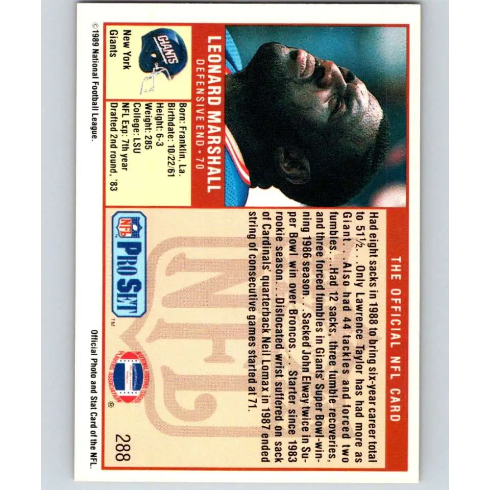1989 Pro Set #288 Leonard Marshall NM-MT New York Giants Football Card Image 2