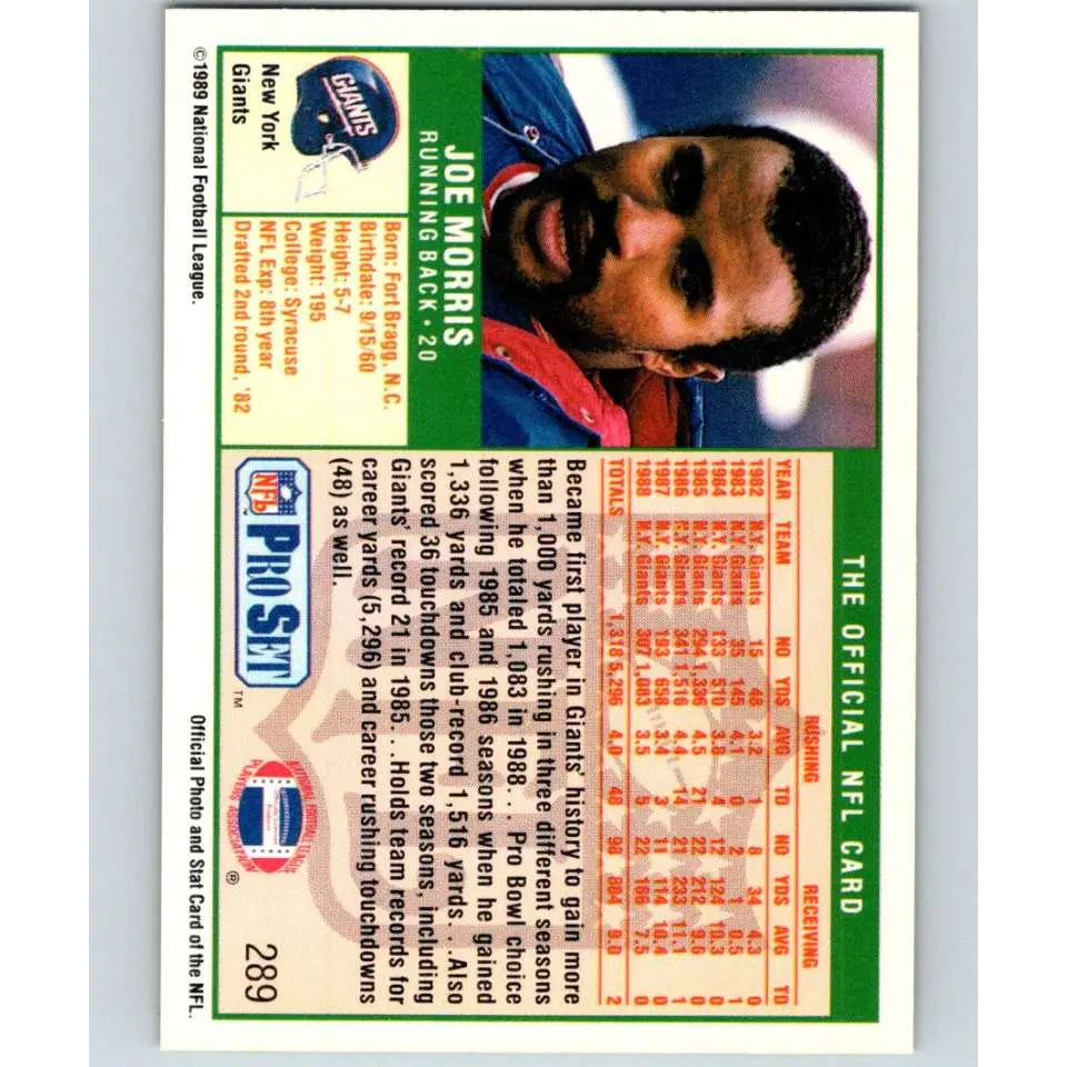 1989 Pro Set #289 Joe Morris NM-MT New York Giants Football Card Image 2