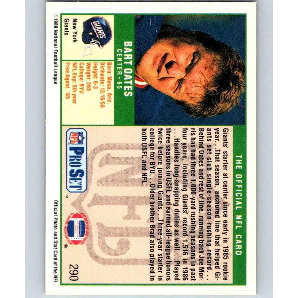 1989 Pro Set #290 Bart Oates NM-MT New York Giants Football Card Image 2