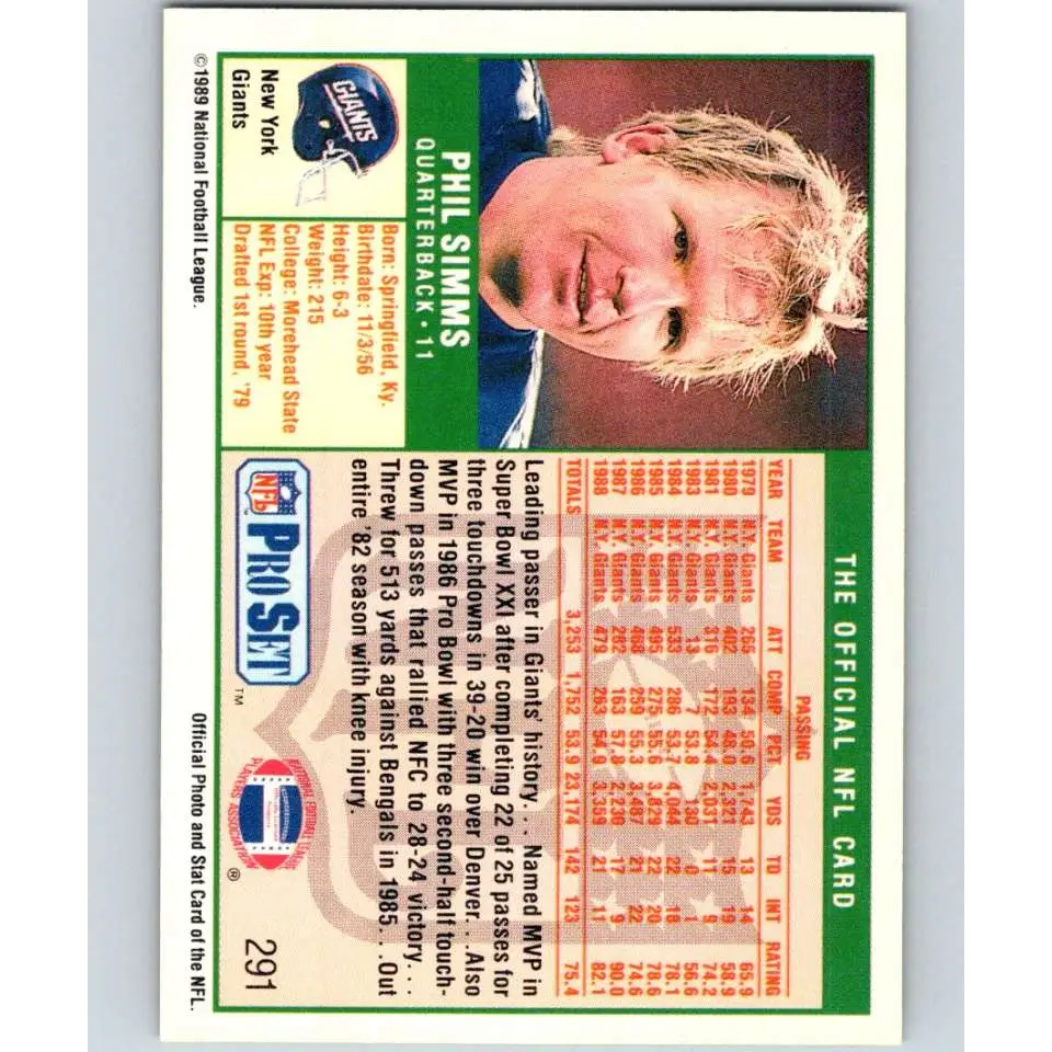 1989 Pro Set #291 Phil Simms NM-MT New York Giants Football Card Image 2