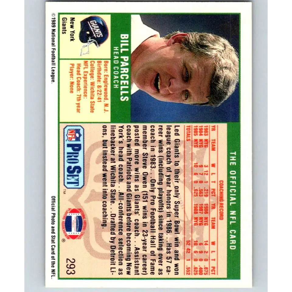 1989 Pro Set #293 Bill Parcells/ NM-MT RC Rookie New York Giants Football Card Image 2