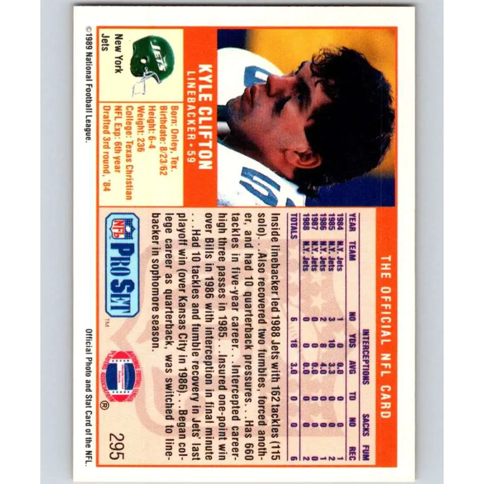 1989 Pro Set #295 Kyle Clifton NM-MT RC Rookie New York Jets Football Card Image 2