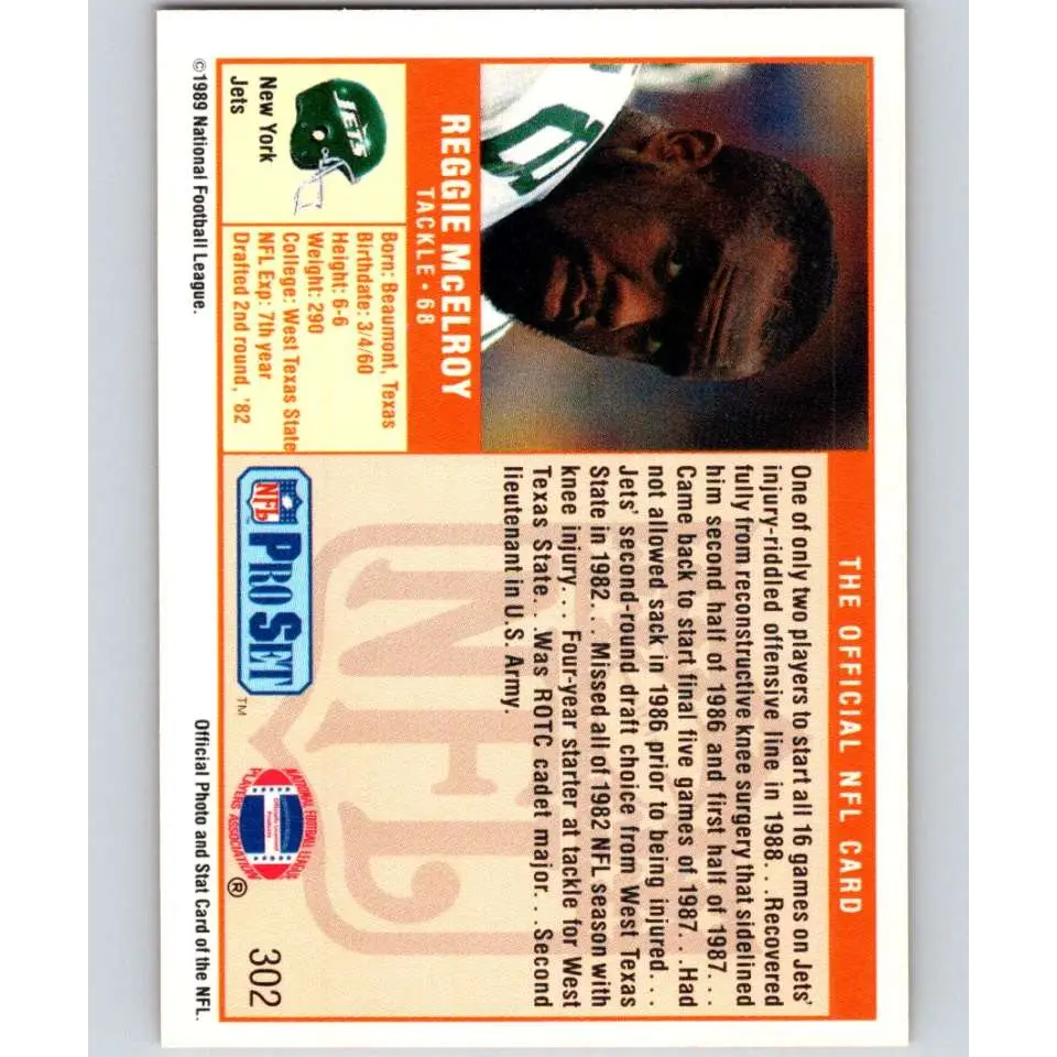 1989 Pro Set #302 Reggie McElroy NM-MT RC Rookie New York Jets Football Card Image 2