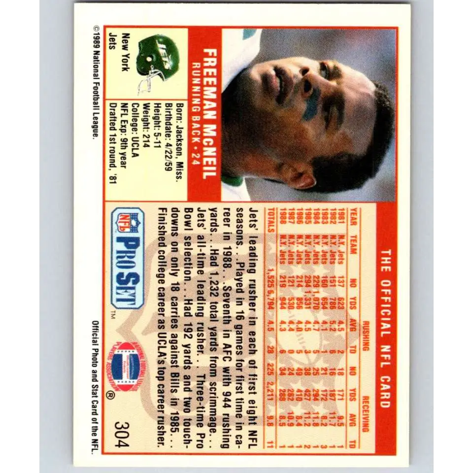 1989 Pro Set #304 Freeman McNeil NM-MT New York Jets Football Card Image 2