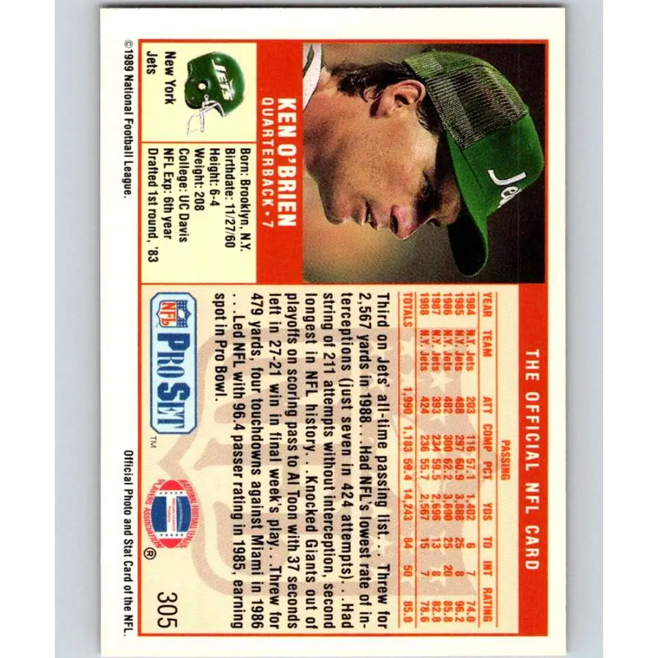 1989 Pro Set #305 Ken O'Brien NM-MT New York Jets Football Card Image 2