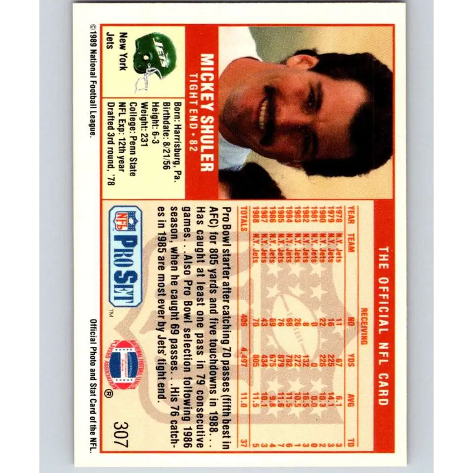 1989 Pro Set #307 Mickey Shuler NM-MT New York Jets Football Card Image 2