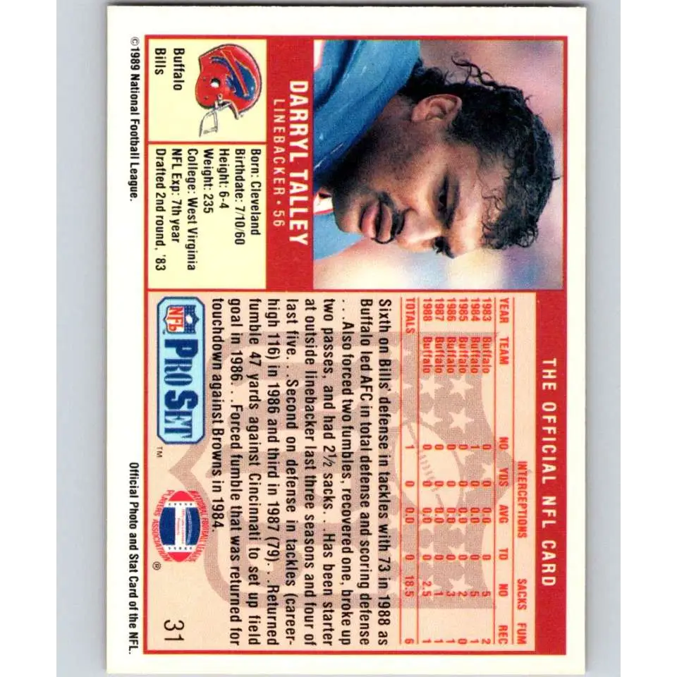 1989 Pro Set #31 Darryl Talley NM-MT Buffalo Bills Football Card Image 2
