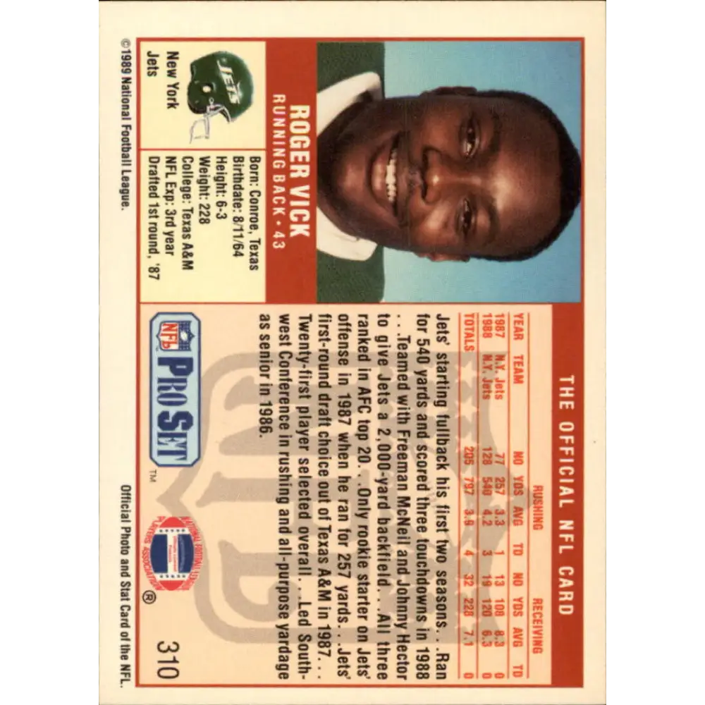 1989 Pro Set #310 Roger Vick NM-MT New York Jets Football Card Image 2
