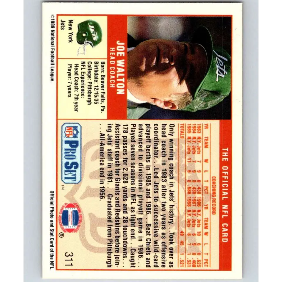 1989 Pro Set #311 Joe Walton CO NM-MT New York Jets Football Card Image 2