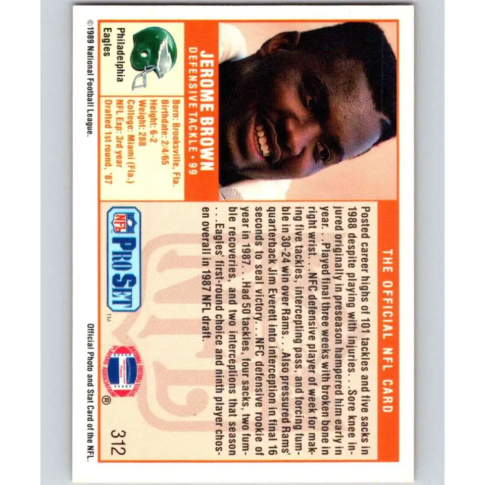 1989 Pro Set #312 Jerome Brown NM-MT Philadelphia Eagles Football Card Image 2