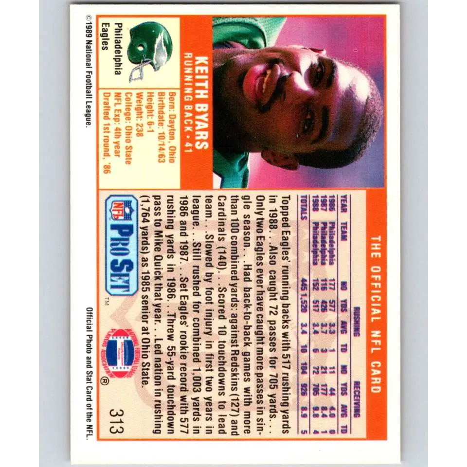 1989 Pro Set #313 Keith Byars NM-MT Philadelphia Eagles Football Card Image 2