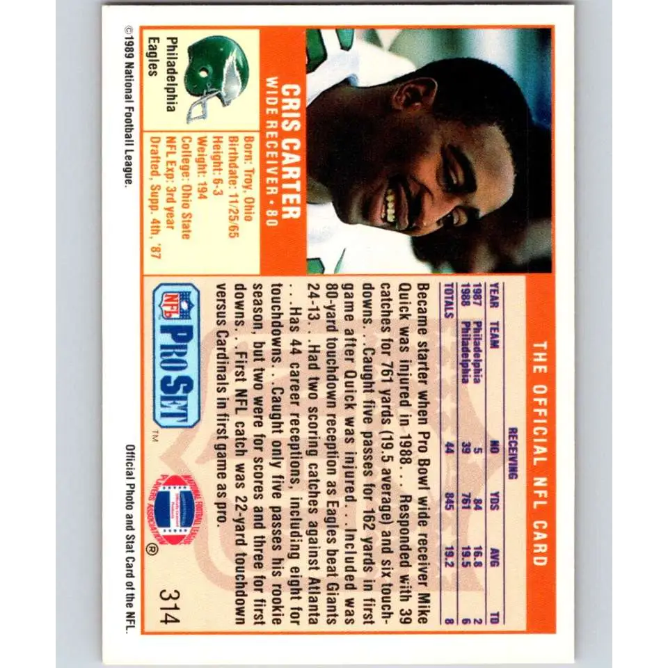 1989 Pro Set #314 Cris Carter NM-MT RC Rookie Philadelphia Eagles Football Card Image 2