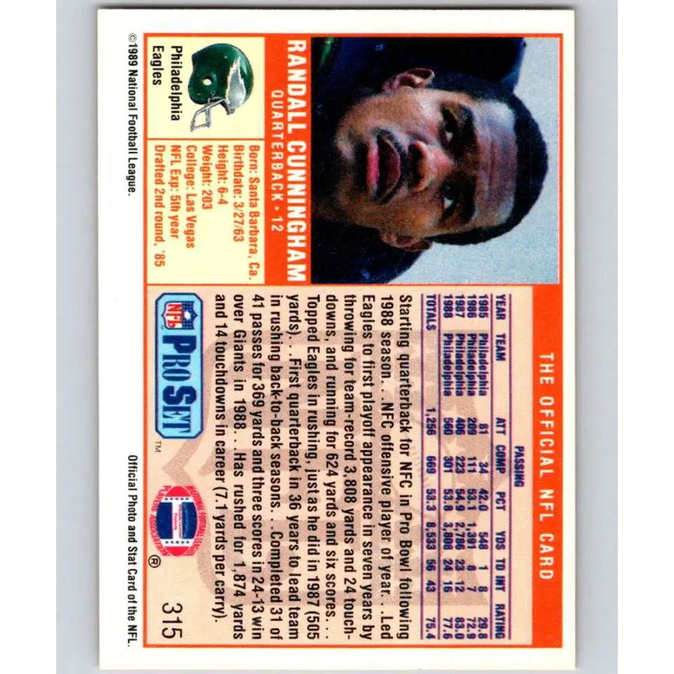 1989 Pro Set #315 Randall Cunningham NM-MT Philadelphia Eagles Football Card Image 2