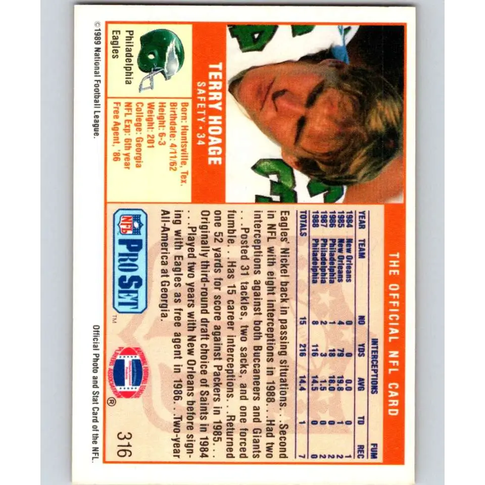 1989 Pro Set #316 Terry Hoage NM-MT Philadelphia Eagles Football Card Image 2