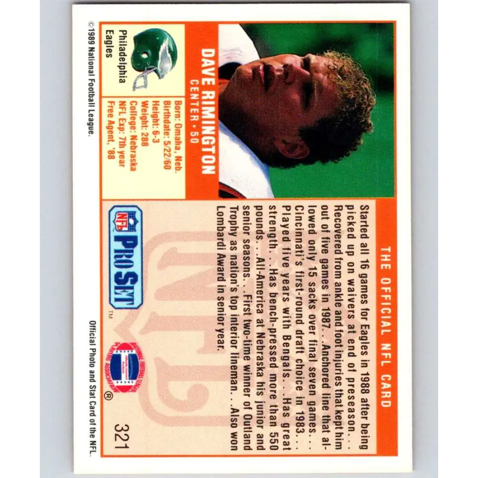 1989 Pro Set #321 Dave Rimington NM-MT Philadelphia Eagles Football Card Image 2