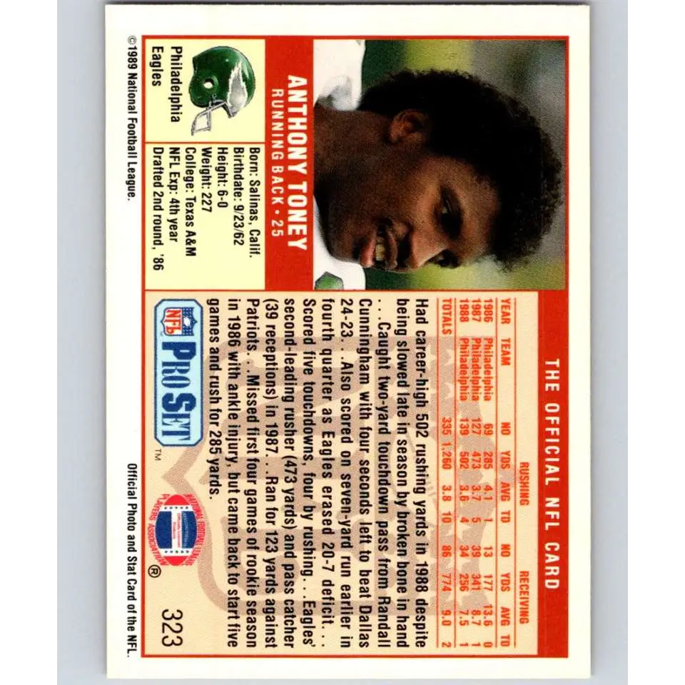 1989 Pro Set #323 Anthony Toney NM-MT Philadelphia Eagles Football Card Image 2