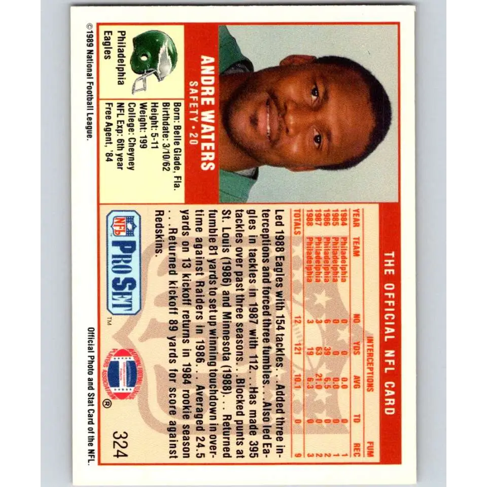 1989 Pro Set #324 Andre Waters NM-MT Philadelphia Eagles Football Card Image 2