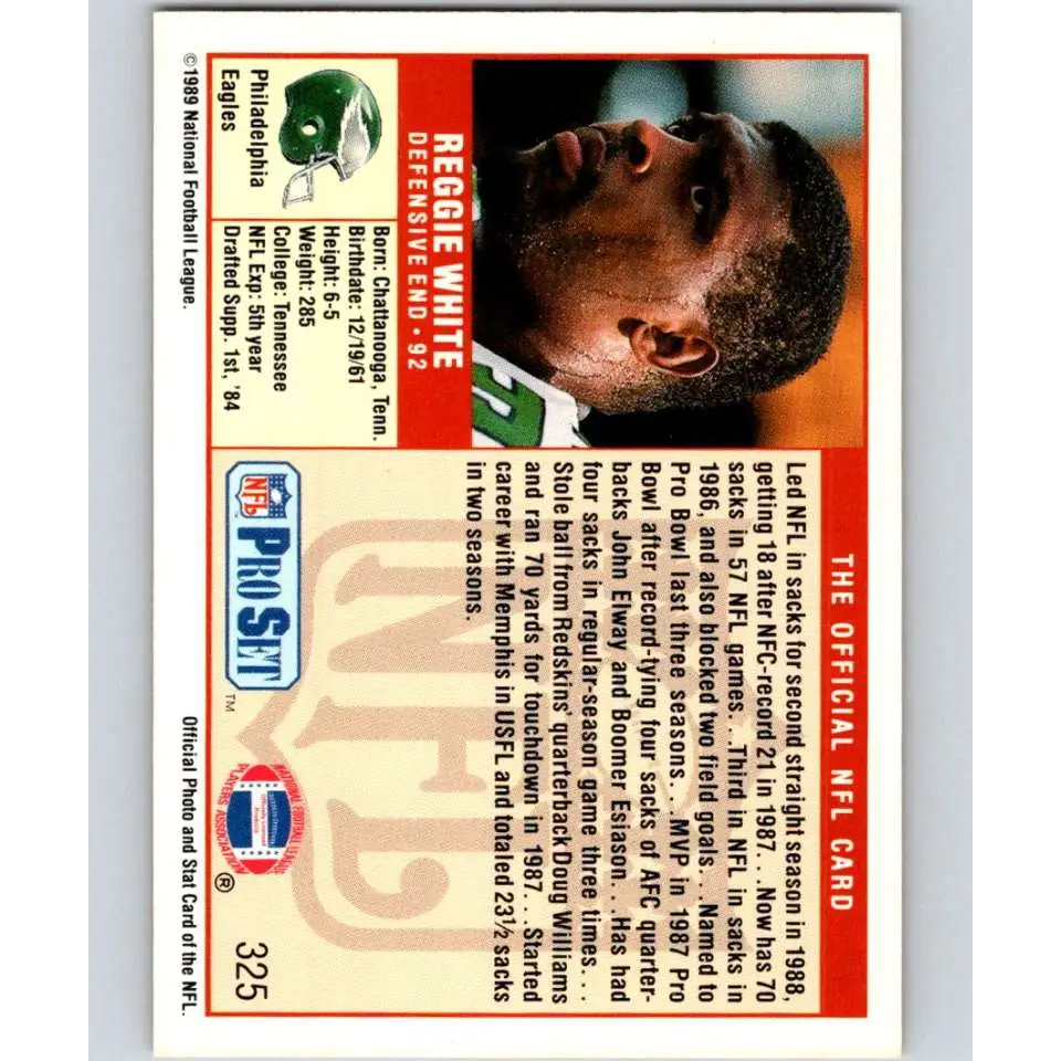 1989 Pro Set #325 Reggie White NM-MT Philadelphia Eagles Football Card Image 2