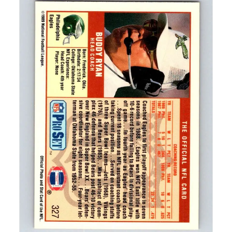 1989 Pro Set #327 Buddy Ryan CO NM-MT Philadelphia Eagles Football Card Image 2