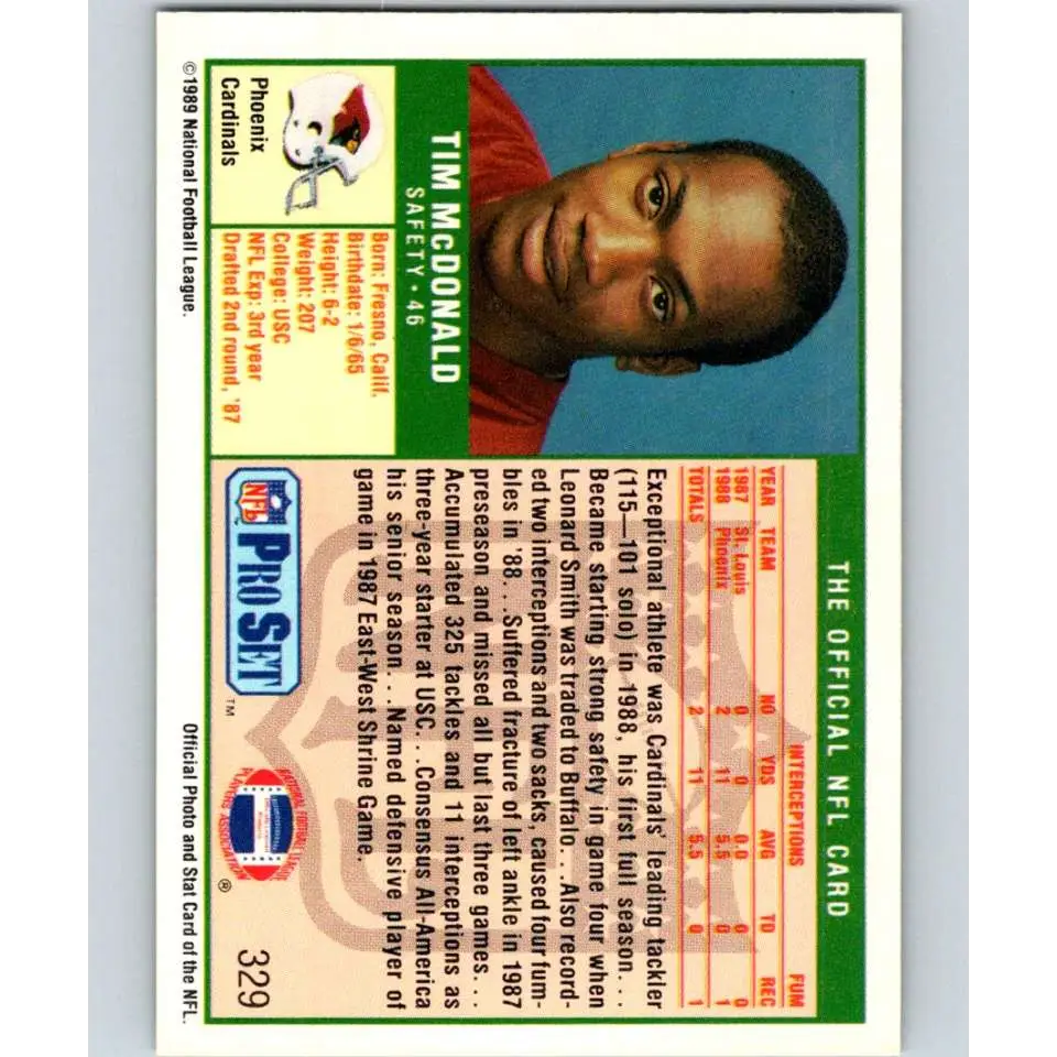 1989 Pro Set #329 Tim McDonald NM-MT RC Rookie Phoenix Cardinals Football Card Image 2