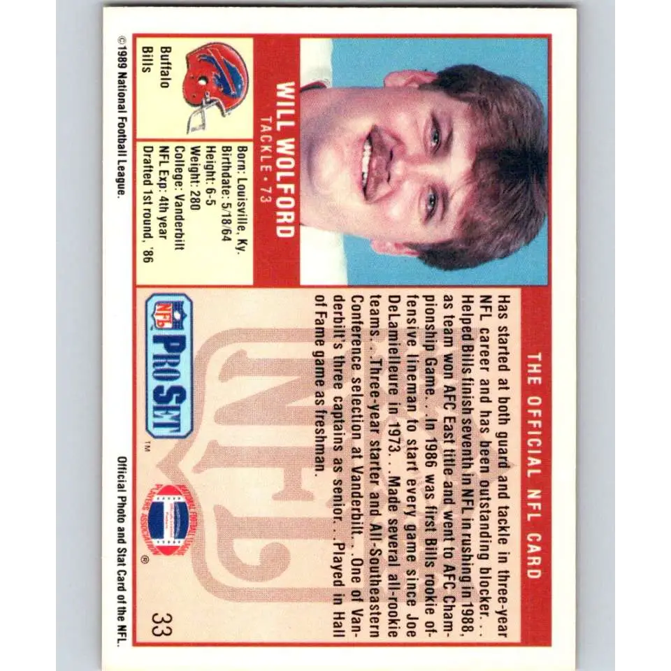 1989 Pro Set #33 Will Wolford NM-MT RC Rookie Buffalo Bills Football Card Image 2