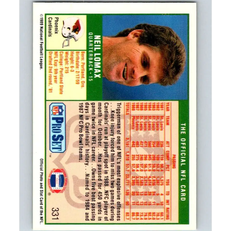 1989 Pro Set #331 Neil Lomax NM-MT Phoenix Cardinals Football Card Image 2