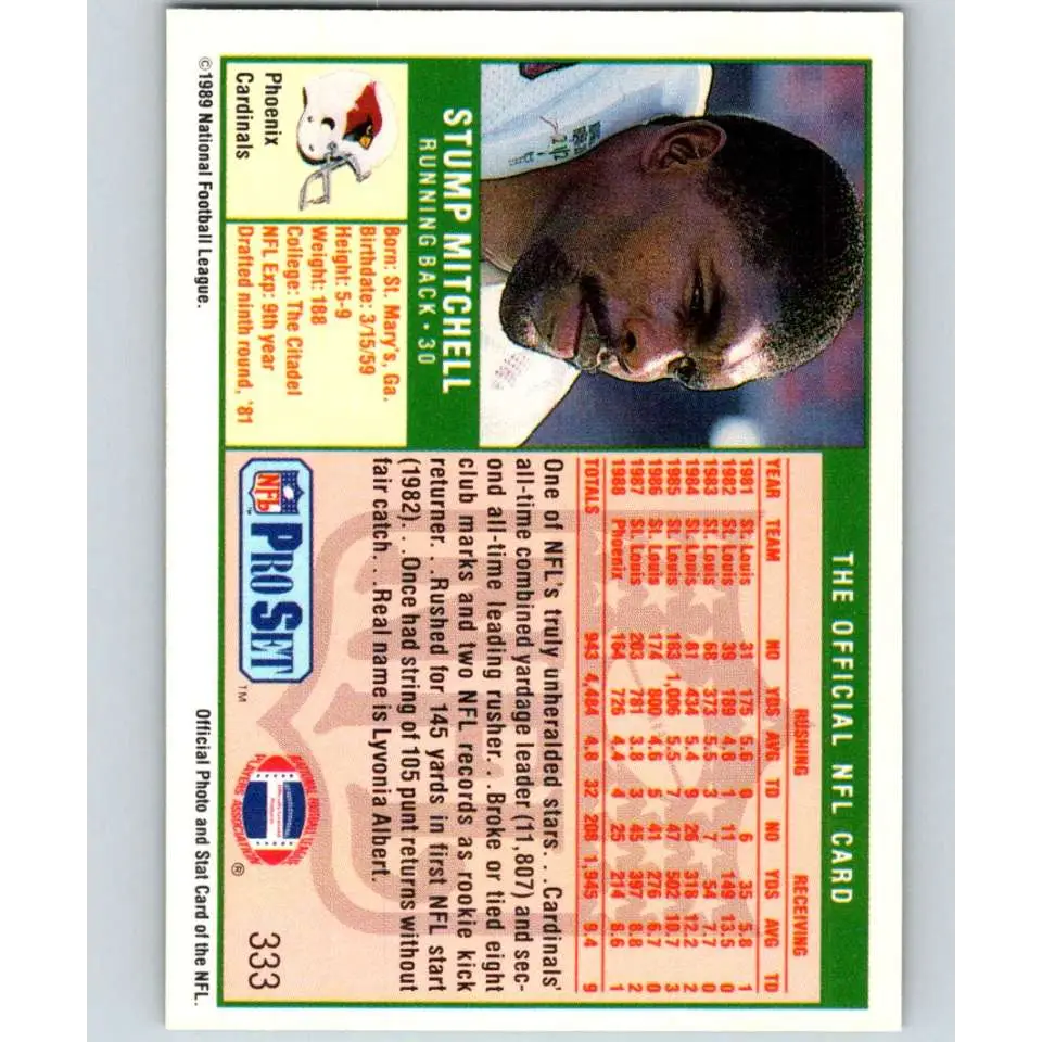 1989 Pro Set #333 Stump Mitchell NM-MT Phoenix Cardinals Football Card Image 2