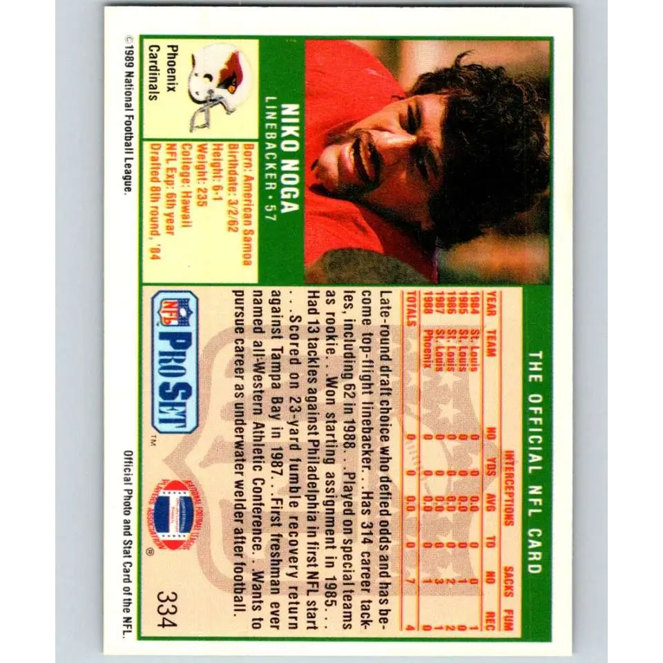 1989 Pro Set #334 Niko Noga NM-MT RC Rookie Phoenix Cardinals Football Card Image 2
