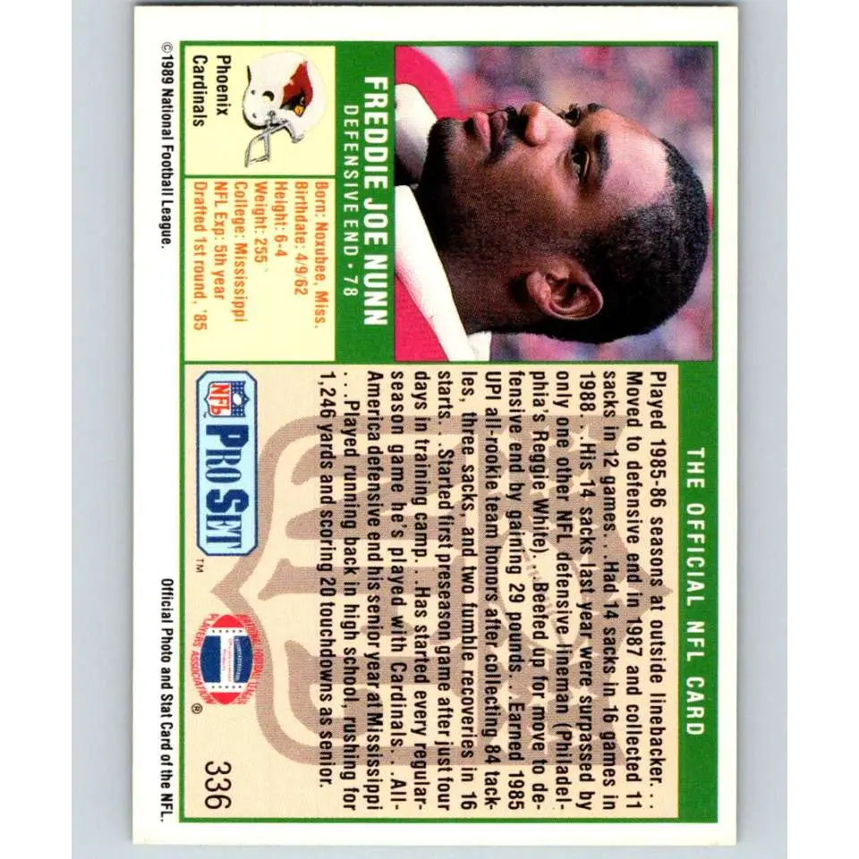 1989 Pro Set #336 Freddie Joe Nunn NM-MT Phoenix Cardinals Football Card Image 2