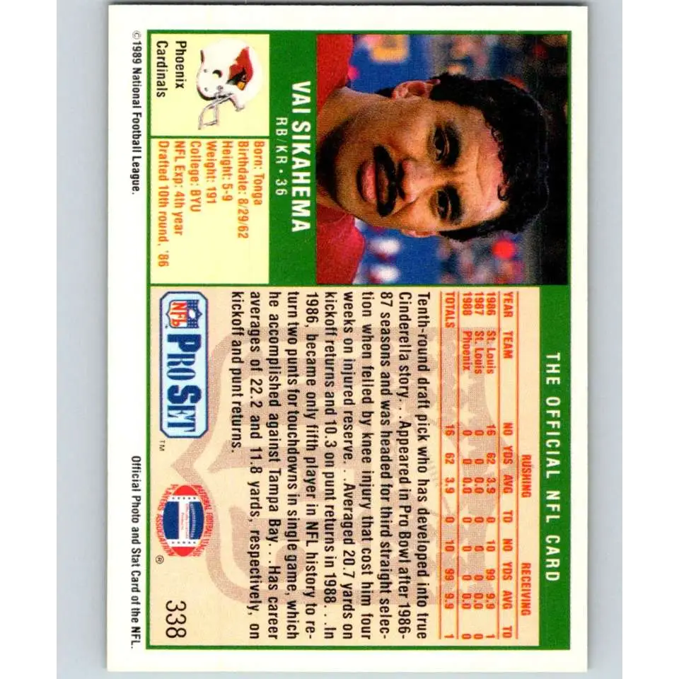 1989 Pro Set #338 Vai Sikahema NM-MT Phoenix Cardinals Football Card Image 2