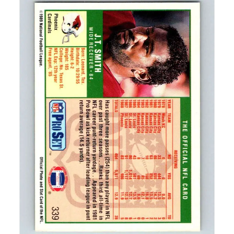 1989 Pro Set #339 J.T. Smith NM-MT Phoenix Cardinals Football Card Image 2