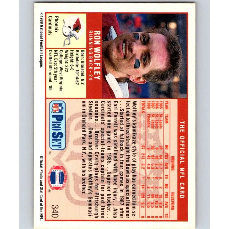 1989 Pro Set #340 Ron Wolfley NM-MT Phoenix Cardinals Football Card Image 2