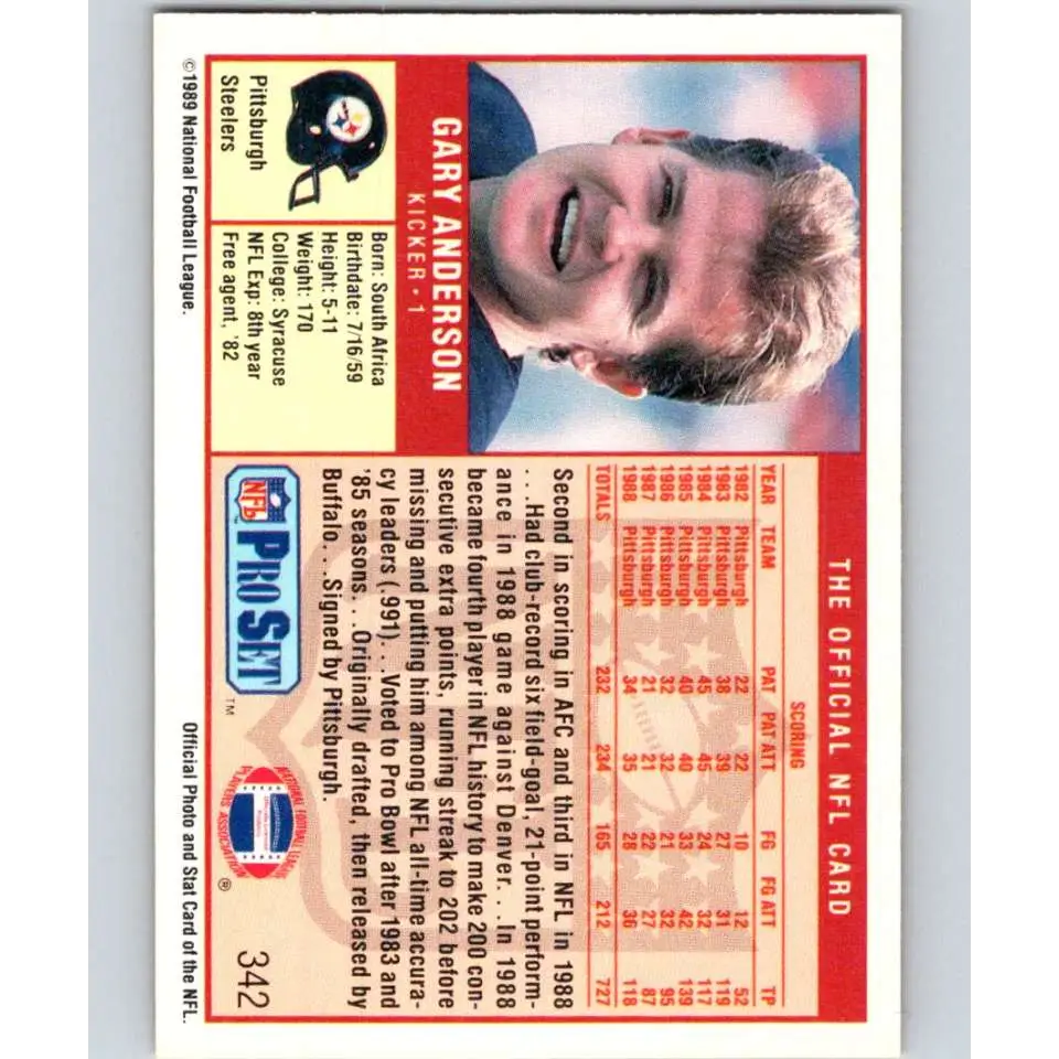 1989 Pro Set #342 Gary Anderson NM-MT Pittsburgh Steelers Football Card Image 2