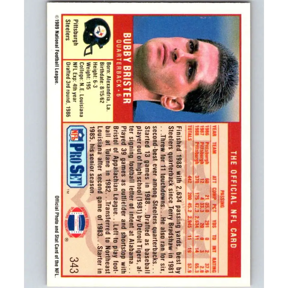 1989 Pro Set #343 Bubby Brister NM-MT RC Rookie Pittsburgh Steelers Football Card Image 2