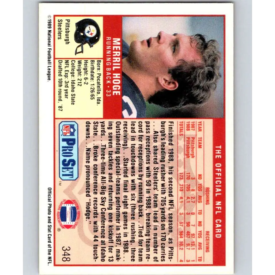 1989 Pro Set #348 Merril Hoge NM-MT RC Rookie Pittsburgh Steelers Football Card Image 2