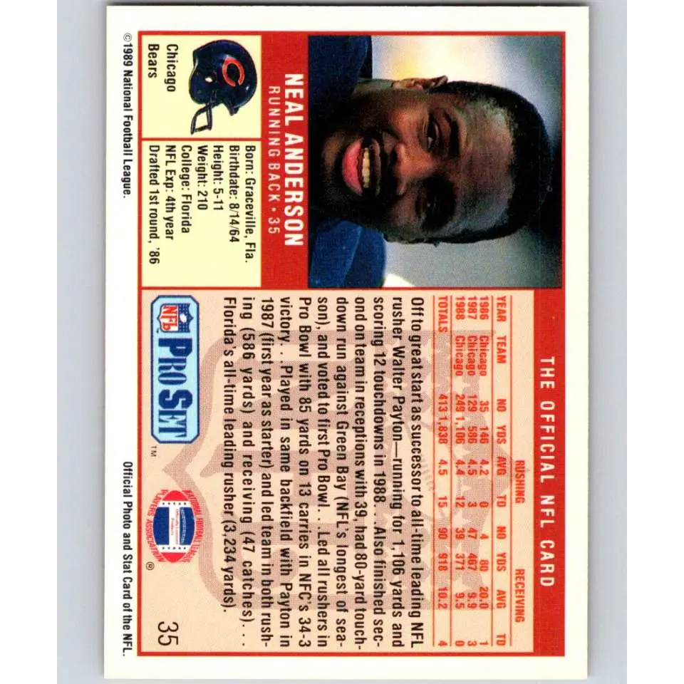 1989 Pro Set #35 Neal Anderson NM-MT Chicago Bears Football Card Image 2