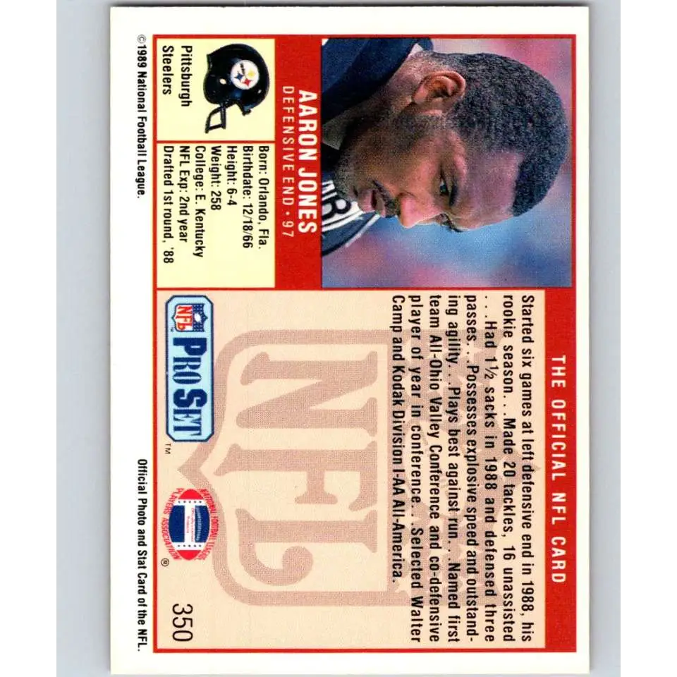 1989 Pro Set #350 Aaron Jones NM-MT RC Rookie Pittsburgh Steelers Football Card Image 2