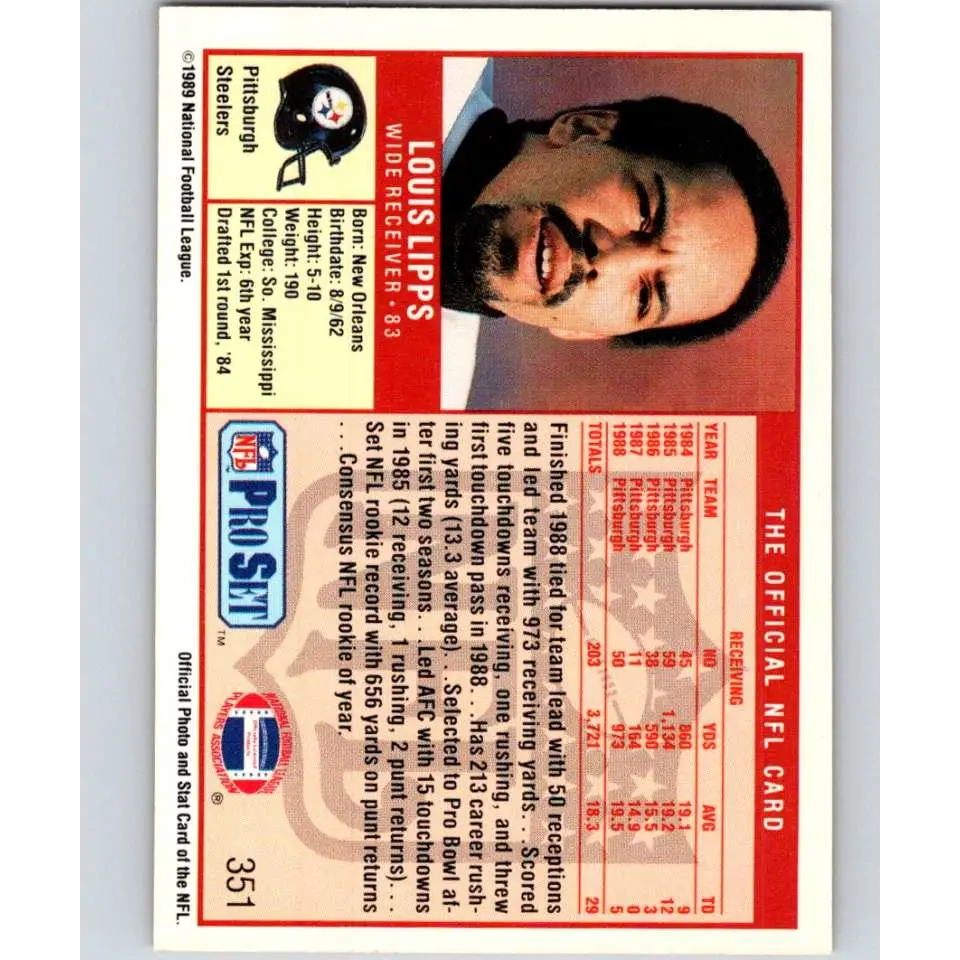 1989 Pro Set #351 Louis Lipps NM-MT Pittsburgh Steelers Football Card Image 2