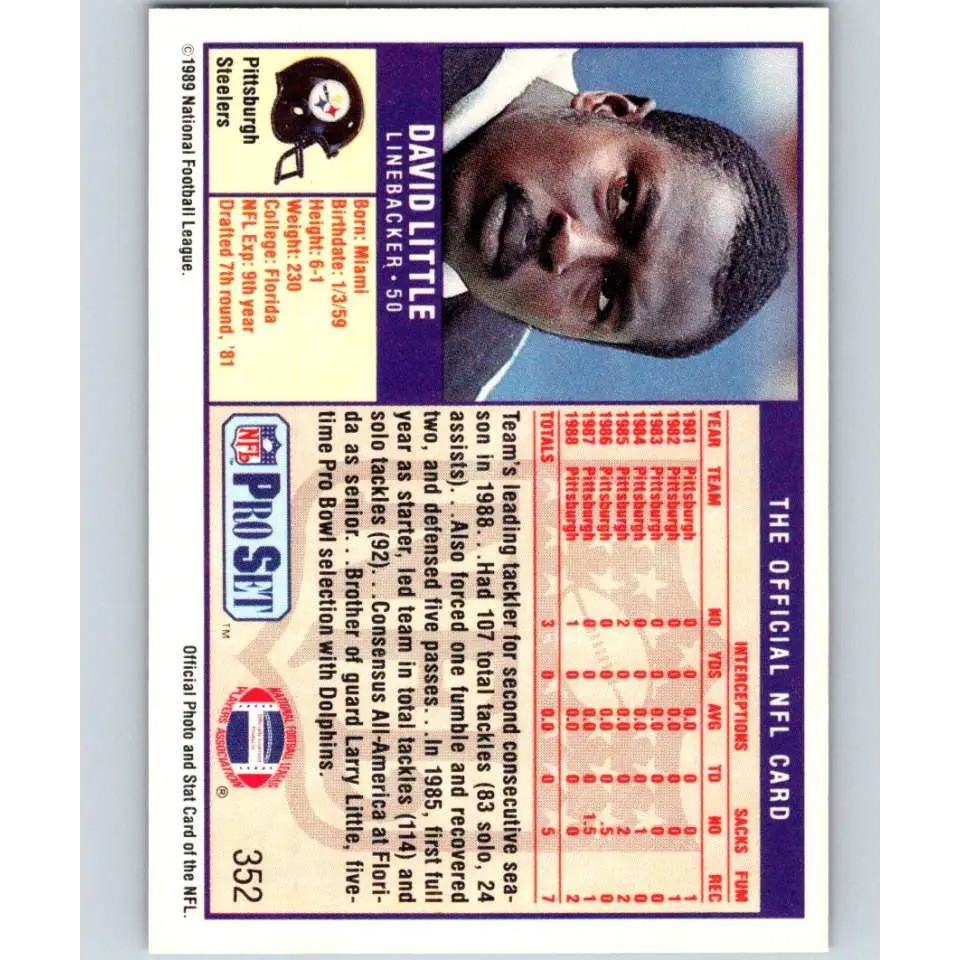 1989 Pro Set #352 David Little NM-MT Pittsburgh Steelers Football Card Image 2