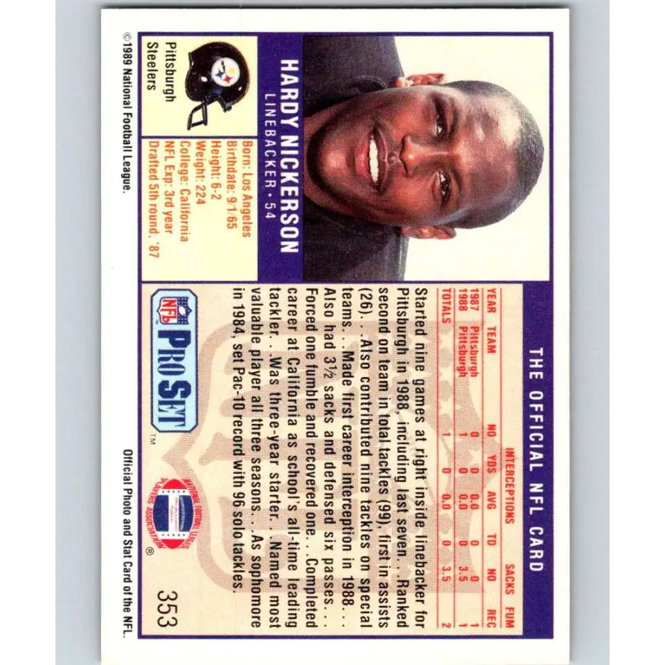 1989 Pro Set #353 Hardy Nickerson NM-MT RC Rookie Pittsburgh Steelers Football Card Image 2