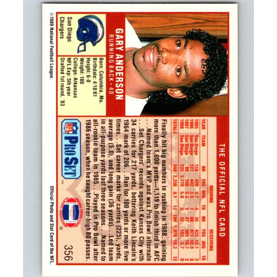 1989 Pro Set #356 Gary Anderson NM-MT San Diego Chargers Football Card Image 2